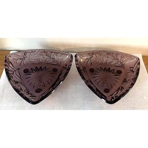 Set of 2 Vintage Hazel Atlas Amethyst Glass Trinket Jewelry Dish w/3-Footed Base